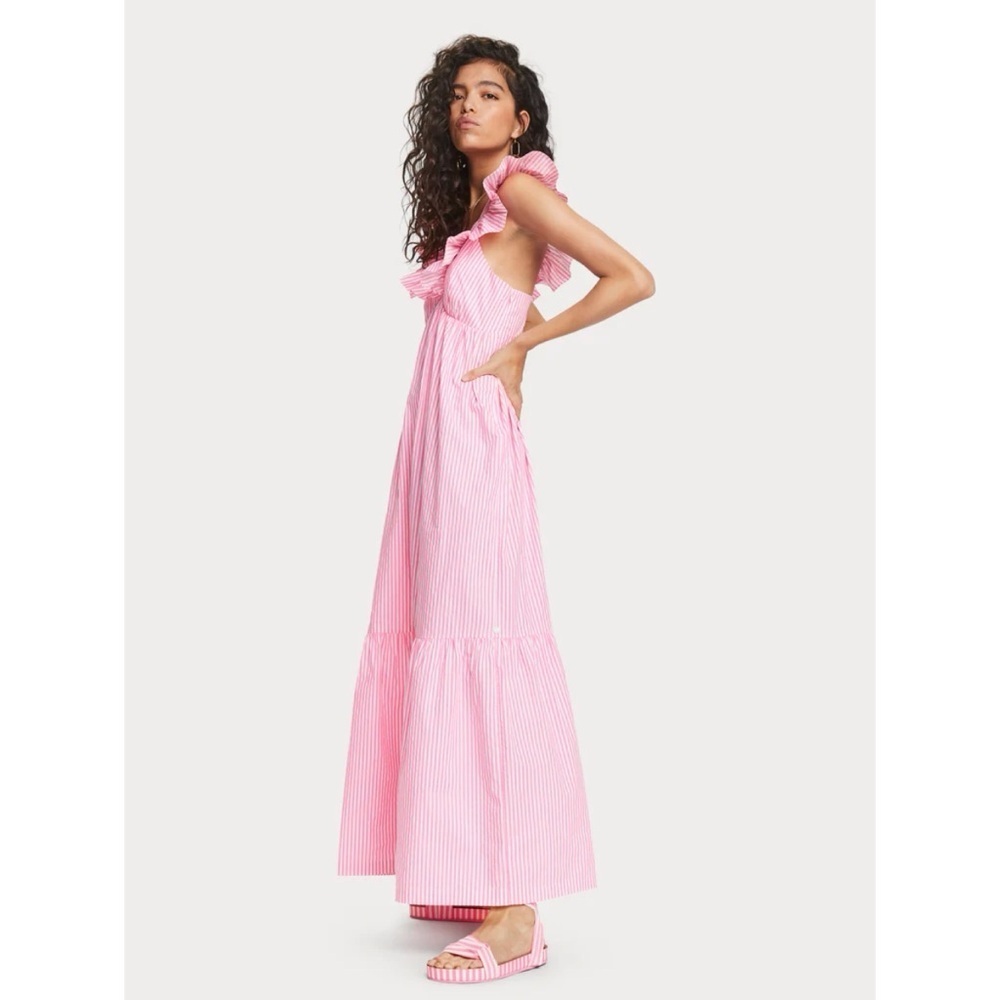 NWT Scotch & Soda Hot Pink Pinstripe Ruffle Cotton Maxi Dress Stripe Large